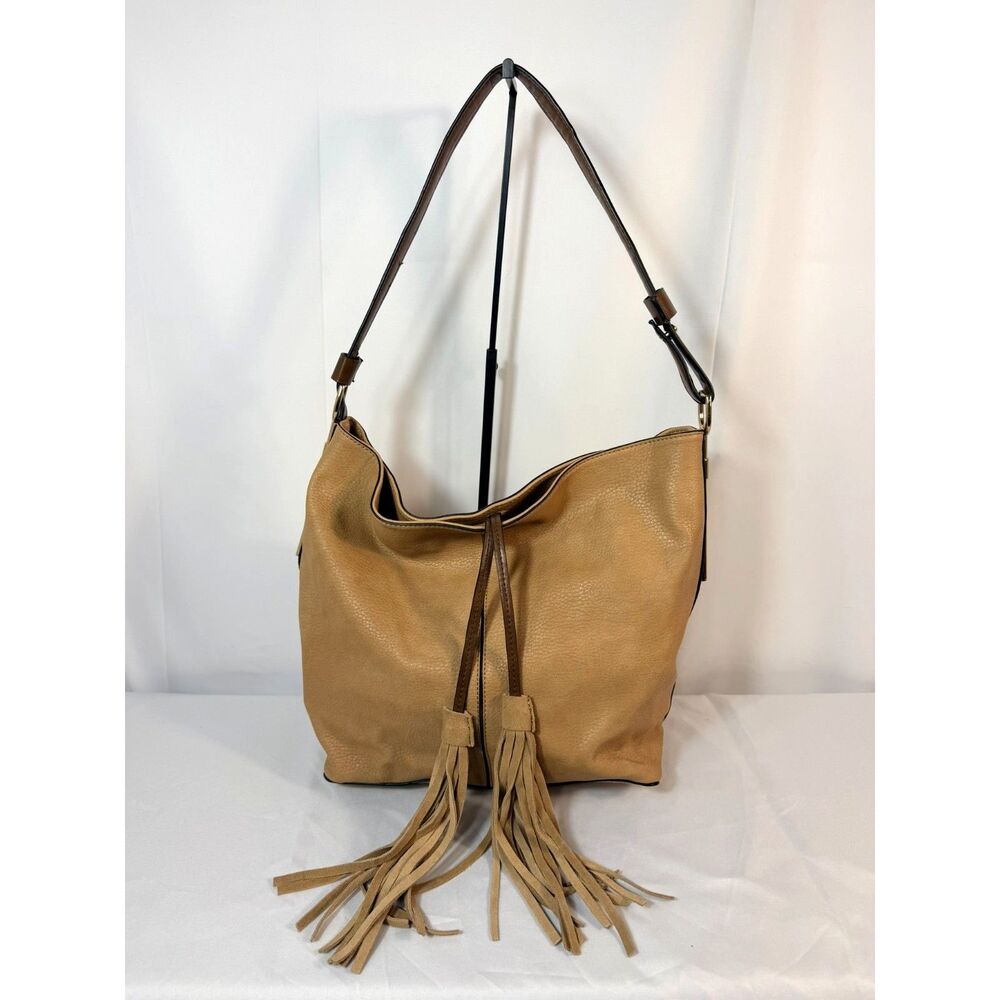 Moda Luxe Tan Large Hobo Slouchy Tassel Bag Shoulder Two Tone Leather & PU